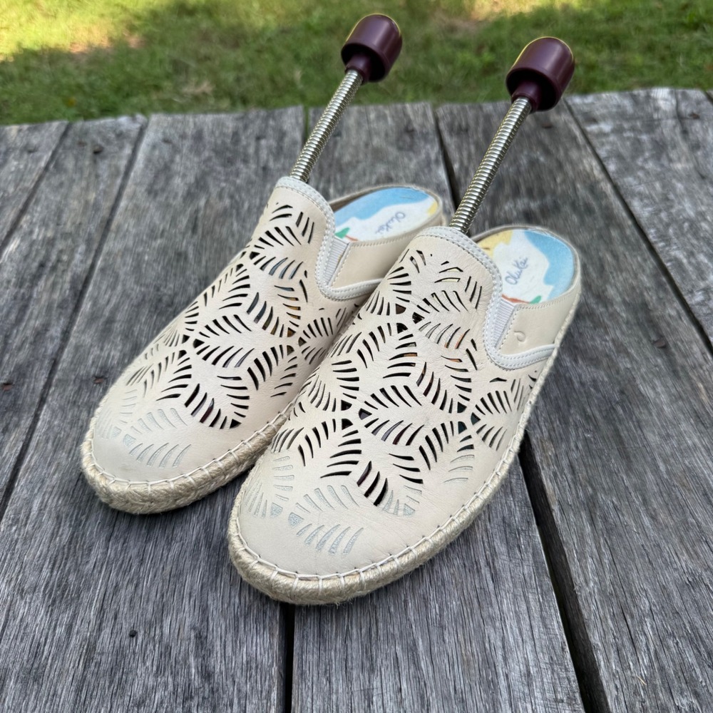 OluKai Kaula 'Olu 'Ili Banyan Beige Leather Espadrille Mules Womens 10 20450